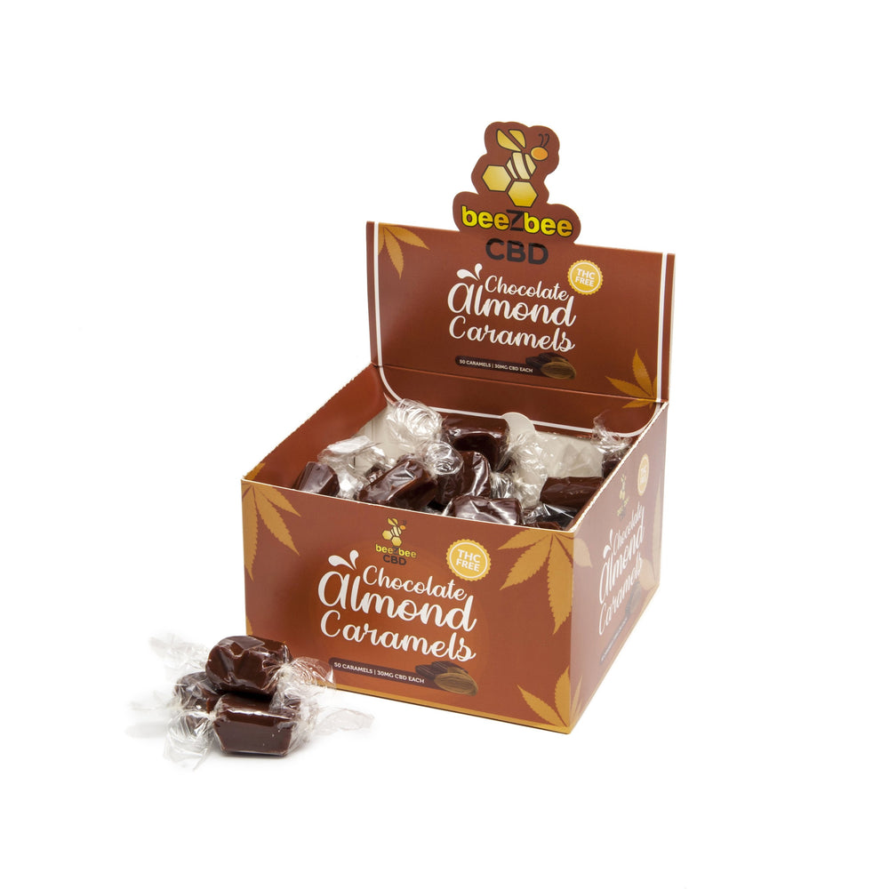 beeZbee CBD THC Free Caramel Box of 50 caramels in chocolate almond flavor. 
