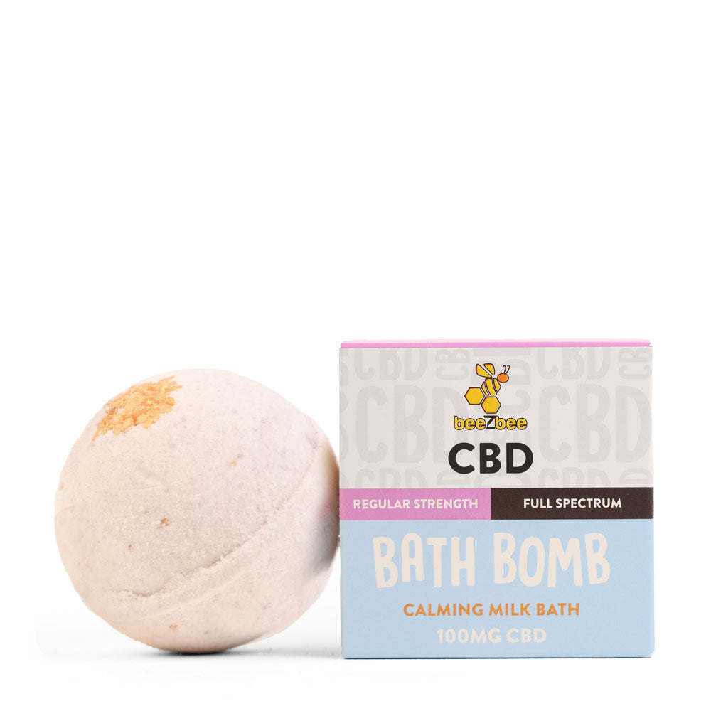 beeZbee full spectrum CBD Bath Bomb in Calming Milk Bath Scent, regular strength.