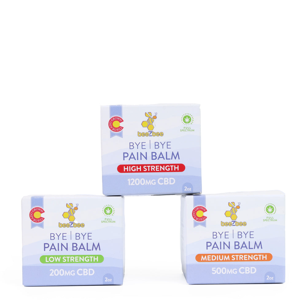 beeZbee Bye Bye Pain Balm in a variety of strengths. 