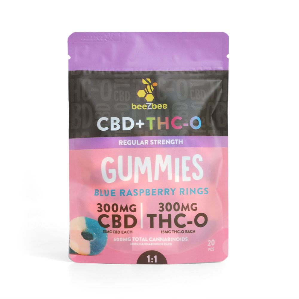 beeZbee CBD+THC-O Gummies in regular strength, blue raspberry flavor