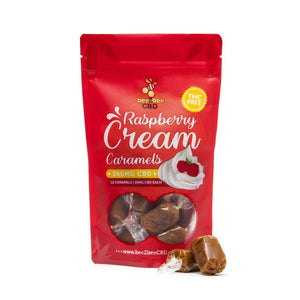 beeZbee CBD THC Free Caramel Bag 360mg in raspberry cream flavor.
