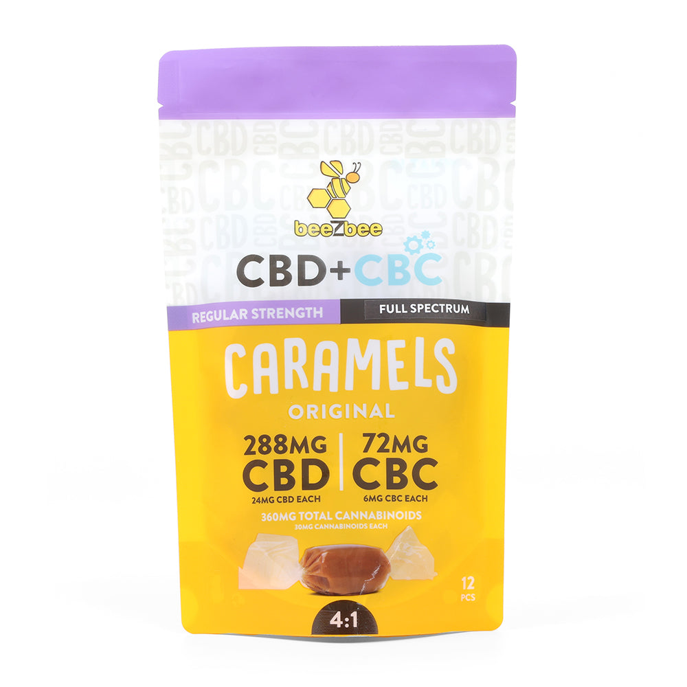 beeZbee CBD+CBC Caramels, 12 Pack, regular strength.