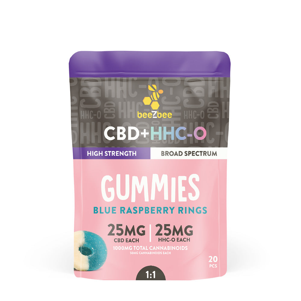 
            
                Load image into Gallery viewer, beeZbee CBD+ HHC-O Gummies in high strength, blue raspberry flavor.
            
        