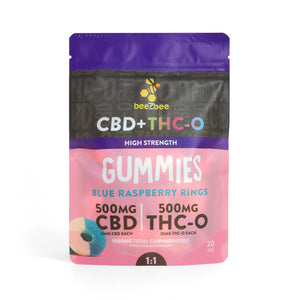 
            
                Load image into Gallery viewer, beeZbee CBD+THC-O Gummies in high strength, blue raspberry flavor
            
        