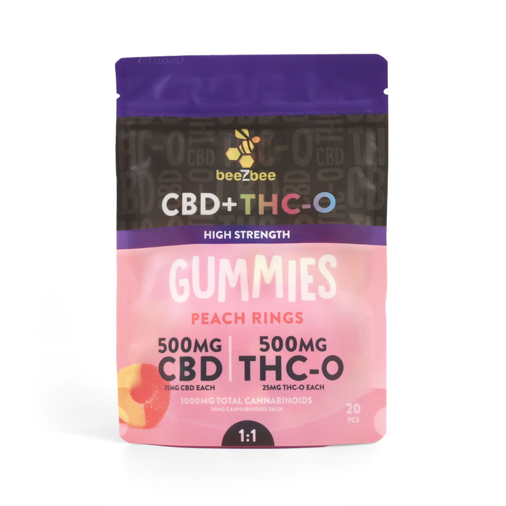 
            
                Load image into Gallery viewer, beeZbee CBD+THC-O Gummies in high strength, peach flavor
            
        