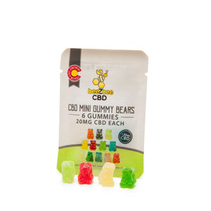 
            
                Load image into Gallery viewer, beeZbee CBD Mini Gummy Bears, 20mg CBD each, in a pack of 6 gummy bears.
            
        