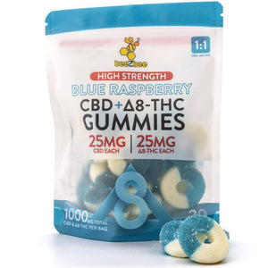  beeZbee CBD+Delta-8 THC Gummies in blue raspberry flavor, high strength