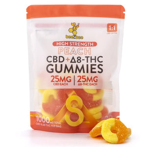 
            
                Load image into Gallery viewer,  beeZbee CBD+Delta-8 THC Gummies in peach flavor, high strength
            
        